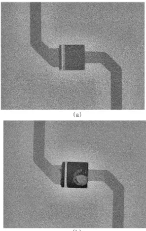 Fig. 10. X-ray image of (a)Au-Sn joint, and (b)SAC solder joint..