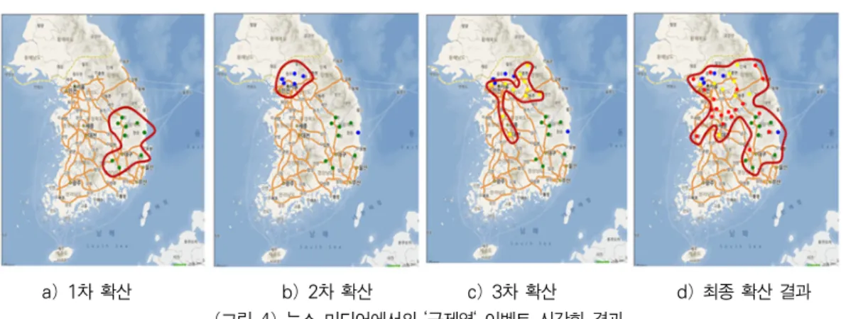 그림 4의 c)는 구제역 3차 확산 단계로 2010년 12월 21 일에서 2010년 12월 31일 사이에 발생한 이벤트들의 집 합이다.  구제역 3차 확산 단계는 전국적 확산 초기 단계 로도 볼 수 있으며 경기도 지역 일대에서 강원도 지역 또 는 충청북도 지역으로 이벤트의 연속성이 조금씩 확산되 는 현상을 확인할 수 있다
