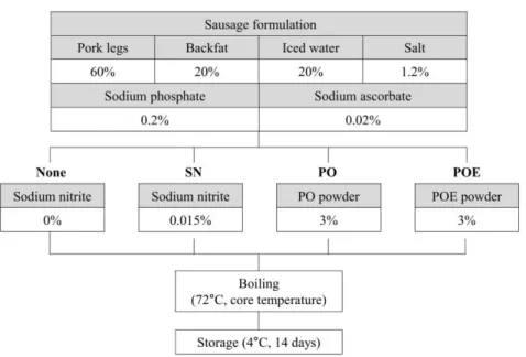 Figure 4. Design of experiment 3 for emulsion sausages with different materials. 