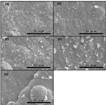 Fig. 3. Surface morphologies of TiO 2 -Ni composite coatings: (a) pH 3.5, (b) pH 4, (c) pH 4.5, (d) pH 5, and (e) pH 5.5.