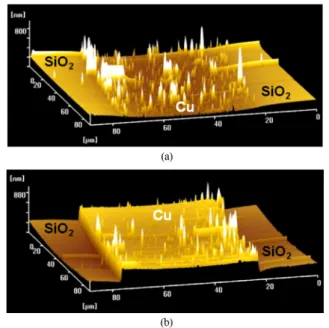 Fig. 8. AFM image of Cu line with 50 µm width/50 µm space after BOE wet etching: (a) before wet etching, (b) after BOE wet etching.