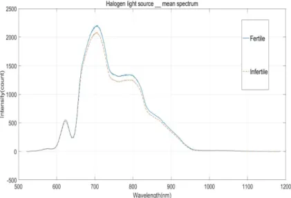Fig. 3-3 Mean transmitted spectra of fertile and infertile egg after 72hr incubation under halogen light source.