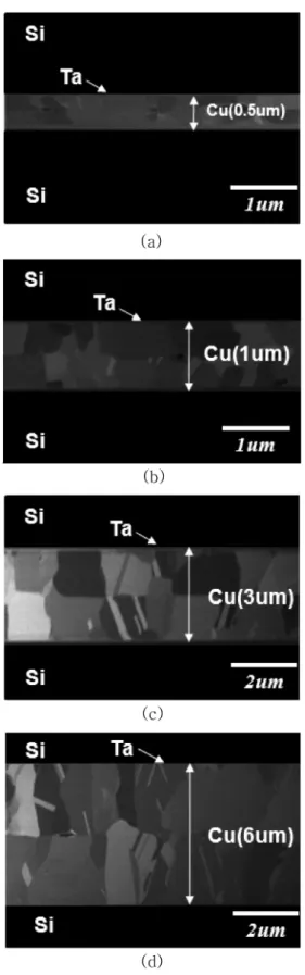 Fig. 4. Cross-sectional FIB images of Cu-Cu bonded interface: (a) 0.25 um, (b) 0.5 um, (c) 1.5 um, (d) 3.0 um.