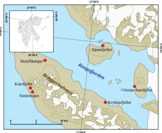 Figure 1. The map of the Svalbard Archipelago and six study sites of Svalbard coastal cliffs