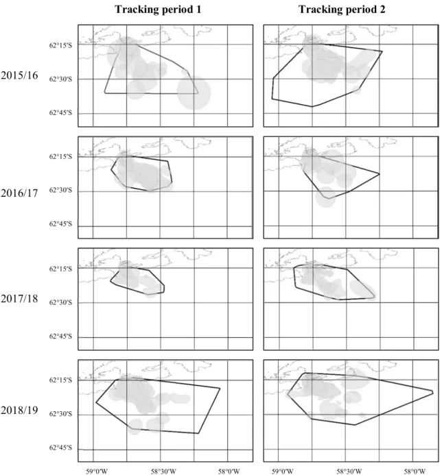 Figure  2.  The  map  showing the  core  foraging  areas (grey  contours)  and  maximum  foraging ranges (polygons) of tracked Chinstrap Penguins on each tracking period in four  breeding  seasons