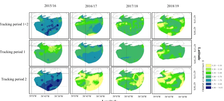 Figure  3.  Chlorophyll-a  concentrations  in  averaged  foraging  ranges  of  Chinstrap  Penguins  in  each  breeding  season  from  2015/16  to  2018/19 LatitudeLongitude58°45′W62°15′STracking period 12015/162016/172017/182018/19Tracking period 1+2Tracki