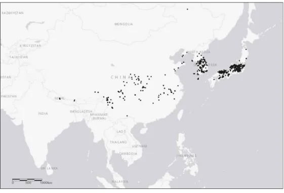 Figure 1. Distribution of Lindera obtusiloba Blume in East Asia region. Coordinate dataset was accessed trough the GBIF network