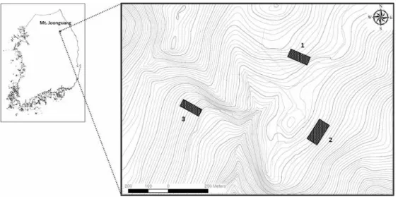 Figure 3. Study sites in Mt. Joonwang. Each plot (1, 2, 3) covers 0.4 ha, 0.6 ha, 0.3 ha, respectively (Black rectangular area).