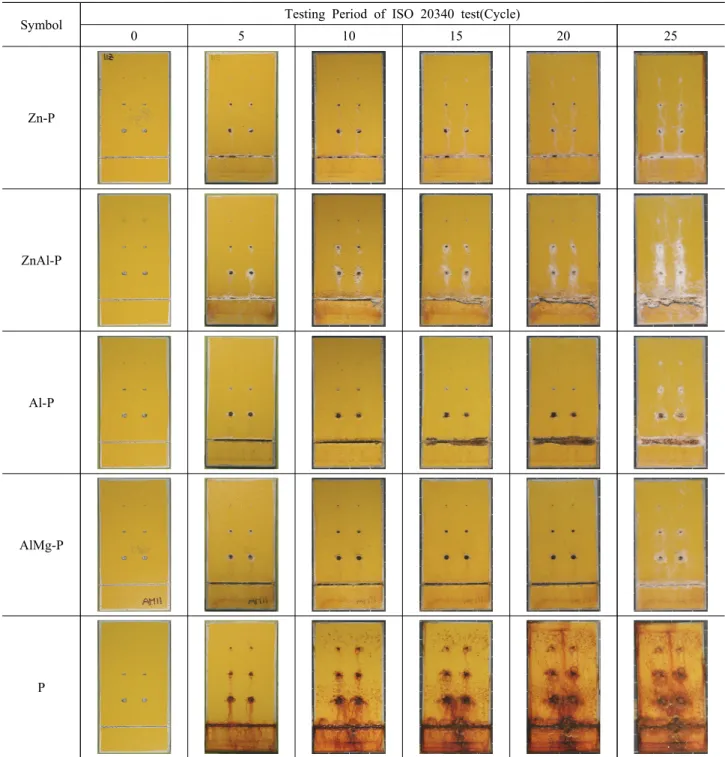 Fig.  6.  Surface  state  of  TSP  and  P  specimens  during  ISO  20340  test