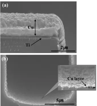 Fig. 4. Scanning electron micrographs of the hollow Cu vias electrodeposited at the pulse and reverse pulse current densities of -5 mA/cm 2  and 15 mA/cm 2  for (a) 3 hours and (b) 6 hours.