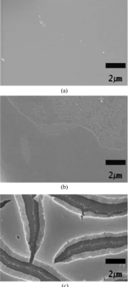 Fig. 5. Surface morphology of (a) p-type bare Si (0.01-0.02 Ω·cm) (b) etched p-type Si at 25 mA/cm 2  for 3 min (b) 25 mA/cm 2 (c) 50 mA/cm 2  for 3 min