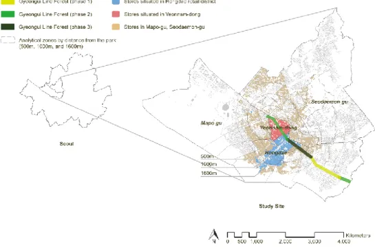 Figure 1. The boundary of study site and the location of stores in the  sample with reference to the Gyeongui Line Forest 
