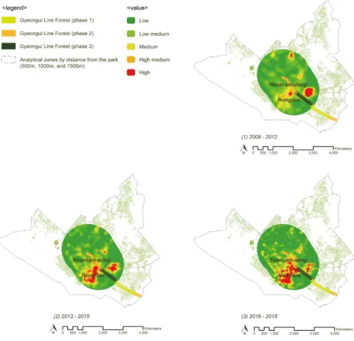 Figure 3. Kernel density of the distribution of stores in the study site from  2009 to 2018 