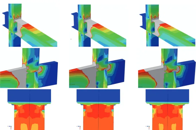 Fig.  9.  Maximum  principal  strain  at  the  peak  loads  and  von  mises  stress  plot  near  column  face  (left)  t = 50mm,  (middle)  t = 45mm,  (right)  t = 40mm