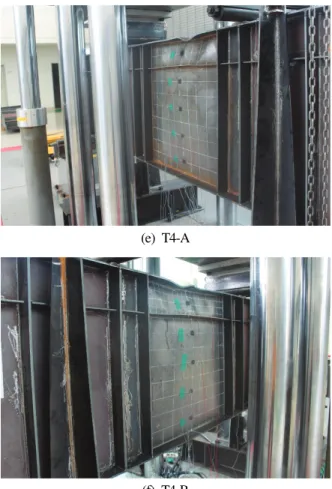 Fig.  7.  Deformed  shapes  at  the  end  of  experiments 응력  분포4.2  와  시험체에서  각각  비보강  시험체  기준  최대하중T3T4  에서의  플랜지와  웨브  응력분포를  Fig