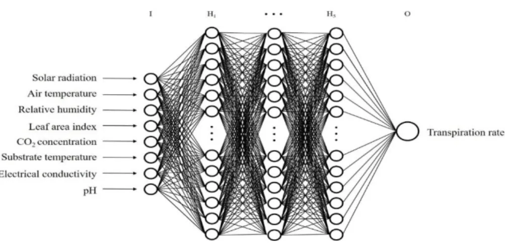 Fig. 2. Structure of an artificial neural network (ANN) including an input layer  (I), hidden layers (H1–5), and an output layer (O)