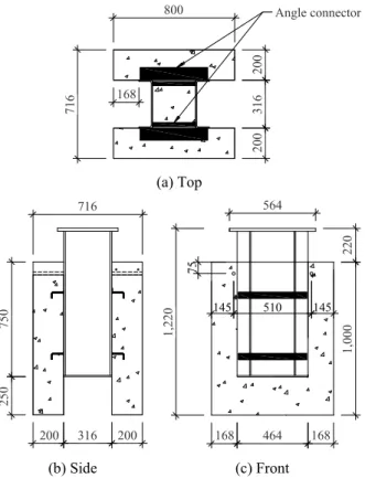 Table 1은 실험체의 일람표이며 각 치수의 상세를 나타낸 다. 실험체 명에서 AN은 angle형 전단연결재라는 뜻이며 뒤 의 숫자들은 각 부위별 치수를 AN-L c -h s -t p (= t 