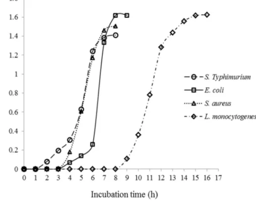 Fig. 1. Growth curve of different bacteria incubated in tryptic soy broth at 37°C.