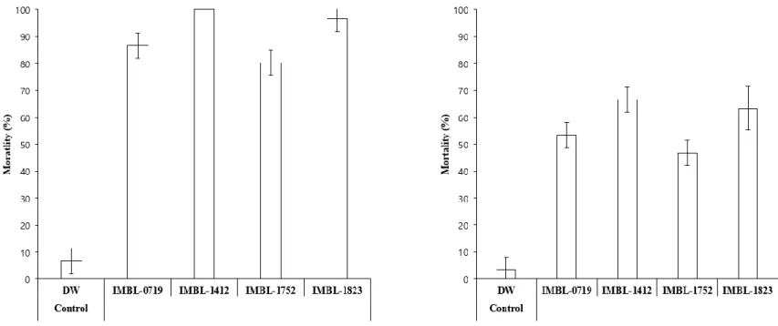 Figure 5. Assay method-dependent insecticidal activities of actinobacteria strains against  P