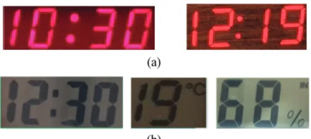 Fig. 1 에서  보듯이 7-세그먼트  디스플레이  장치에  따라  전경과  배경의  색이  각각  다르고,  선분의  간격,  굵기와  기 울기가  모두  조금씩  다른  것을  알  수  있다