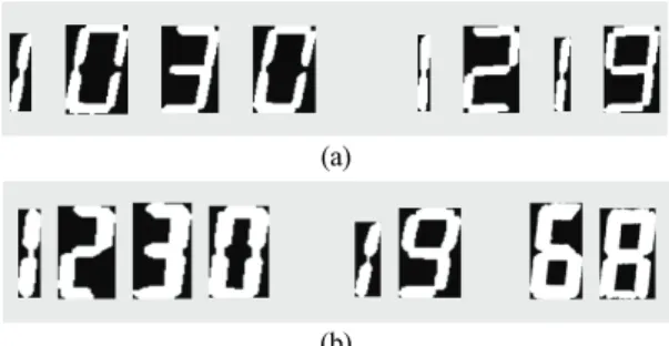 Fig. 5. (a) 10 ×15 size normalization of connected compo- compo-nents in Fig. 4(a), and (b) 10 ×15 size normalization  of connected components in Fig