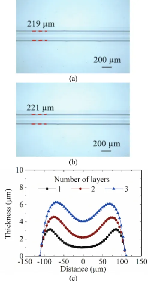 Table 2. Summary of measured thickness (T) and width (W)  of the PMMA stripes in Fig. 4 