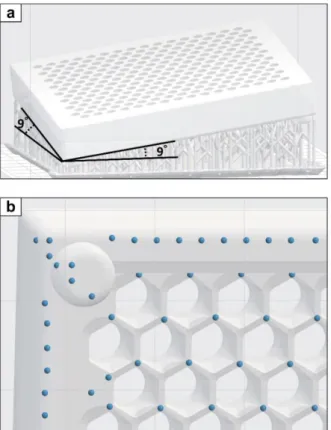 Figure 8. Generation of supports a A comb box model positioned in 9 ° angle and  supports generated using Preform software (Formlabs)