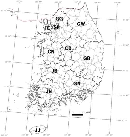 Fig. 5. A map for abbreviations of localities in the Korean peninsula. 