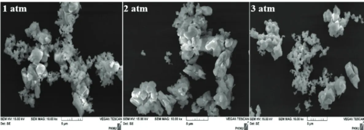 Fig. 2 shows the SEM images of EuSi 2 O 2 N 2  phosphor  powders. The sizes of sample (1 atm) and sample (2 atm)  were ranging from 500 nm to 2 µm