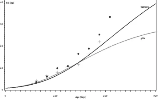Figure  6.  The  curve  of  fat  tissue  of  gilts  and  barrows (Dargutin  Vincek,  2012)