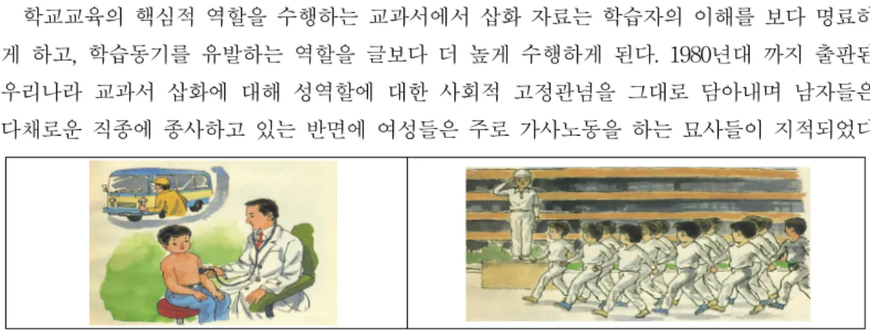 [그림  1]  전문  기술직에  종사하는  남성과  남자  체육교사(제4차  체육교과서  p.  17,  p.  25)Ⅰ.  서론 우리나라  여성의  지위는  과거와  비교하여  월등히  개선되었다고  평가되어  왔다