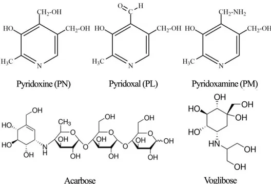 Figure  3.  Structure  of  pyridoxine  and  its  derivatives  (pyridoxal  and  pyridoxamine),  and  commercial  a-glucosidase  inhibitors  (Acarbose ®   and 