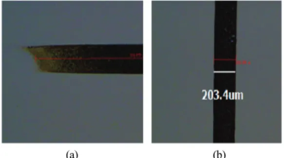 Fig. 3. View of the developed pattern image after exposure  to the proton beam (developing time (a) 10 min (b)  15 min, line and width 5 mm and width 200㎛