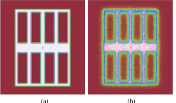 Fig. 8. Simulation images of pixel color mixing for the  scattering particle density of (a) 1×10 7 mm -3  and    (b) 1×10 9 mm -3 