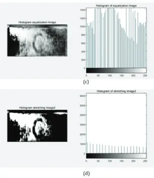 Fig. 3. Contrast adjustment. (a) Original raw data image (b)  Histogram stretching (c)Histogram equalization (d) 2  consecutive histogram stretching image