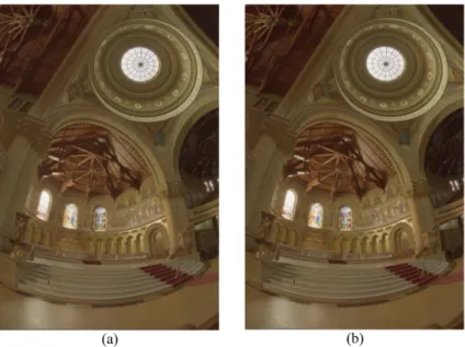 Fig. 8.  Example of results, Reinhard tone mapped Memorial image in (a). Tone mapped Memorial image using the proposed algorithm in (b).