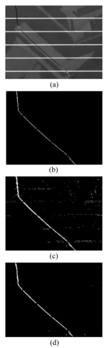 Fig. 3. Defective and defect-free multi-grain solar cell surface images. (a) micro-crack on the diagonal direction of the image, (b) proposed method, (c) anisotropic diffusion method, (d) improved  aniso-tropic diffusion based method.