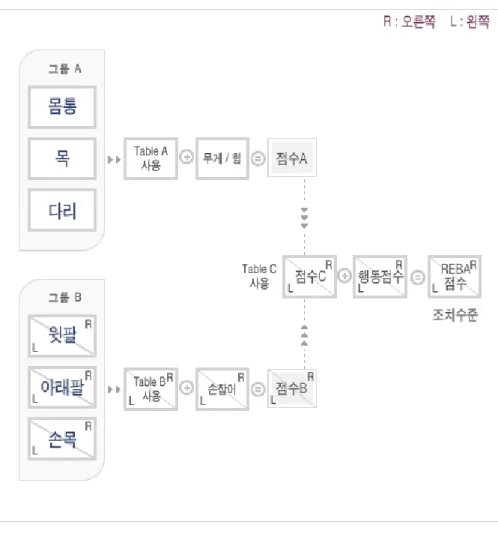 Figure 4. REBA  평가  절차  (한국산업안전보건공단, 2017) 