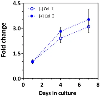 Figure  9.  Metabolic  activity  of  RAW264.7  cells  encapsulated  in  secretion type MMP-sensitive PEG hydrogels formed without or  with collagen I