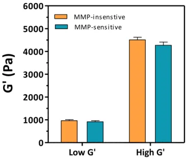 Figure  13.  Shear  elastic  moduli  of  PEG  hydrogels  of  different  degradability and stiffness (n = 3, mean ± SD)