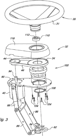 Fig. 1 Automatic Steering System (U. S. Patent 7,349,779 B2). A motor 40  mounted on the end of the steering shaft 20 to provide direct drive to the shaft 