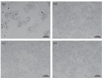Figure  1.  Microscope  images  of  cell  lysis  by  microfluidizer:  (A)  for  0  cycle,  (B)  1  cycle,  (C)  2  cycles,  and  (D)  3  cycles  at  1,000  bar.