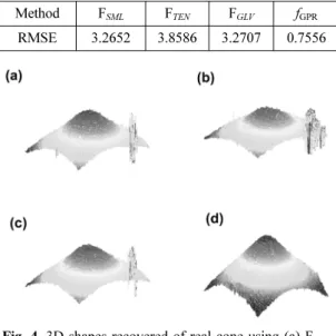 Fig. 3. Sample images of test objects (a) real cone, (b) true depth map of real cone (c) letter H and (d) letter P.