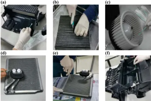 Fig. 1. Microbial sampling from (a) a duct; (b) a filter; (c) a blower motor; (d) &amp; (e) an evaporator; (f) a heater core and case.