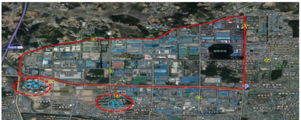 Fig. 1. Sampling site location of odor substances around Cheong-ju industrial complex area.