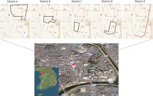 Fig. 1. Geographical map of five districts selected for malodor monitoring in this study.