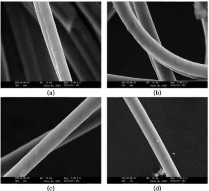 Fig. 4. SEM images of test ACFs : (a) Sample 4, (b) Sample 5, (c) Sample 6, (d) Sample 7.
