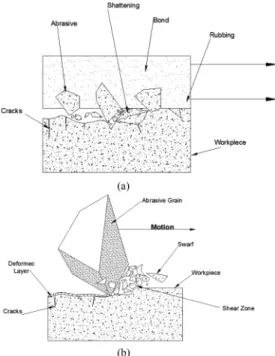 Fig. 2. The Grinding process(a). Abrasives damaged surface to an appreciable depth(b).
