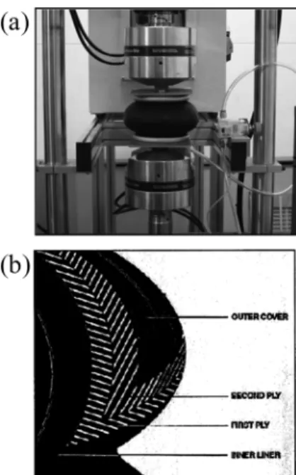 Fig. 2. Images of (a) air spring mounted on MTS (Mechanical testing system) (b) cross-sectional figure of air spring rubber structure.