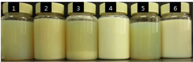 Figure 1. Photograph of nanoemulsions of Tween 80/Span  80/candelilla wax+sunscreen agent/water system using PIC  emulsification process, 1: Parsol MCX, 2: Uvinul A Plus, 3: 